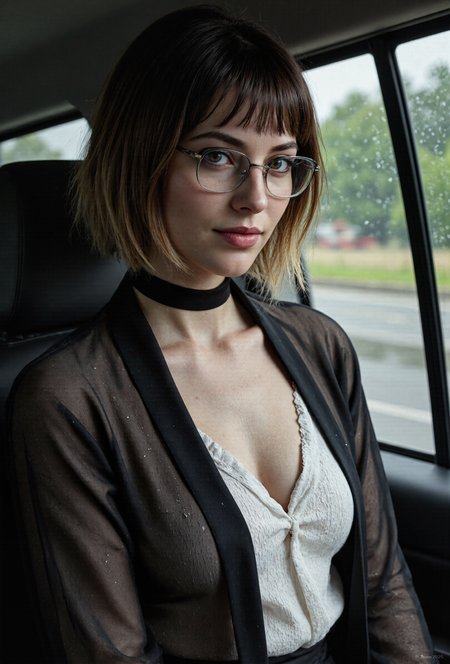 A detailed high photo. kpsX, fitzka, aidmafluxpro1.1, aidmarealisticskin, hairy armpits, AllTheWayAACups,  Cinematic photograph, full body shot, FFS style.clip_l.  40yo Finnish woman, asymmetrical face, small breasts, asymmetrical facial structure. RAW photo, side view, looking at viewer, alluring model, gothic make-up, metal frame square glasses, reflections, pointy nose, teasing smile, gradient hair color, bob cut, blunt bangs, cleavage, choker, fabric folds, blouse fabric texture, rain outside, sunset, photorealistic, film grain, color graded cinematic, atmospheric lighting, dramatic lighting, moody atmosphere, black sheer robe, white frilled blouse underneath, sitting in car, street lights, rain outside the car window, raindrops running down the car window,t5xxl.  In a raw and candid photograph, a forty-year-old hauntingly alluring Finnish woman with an asymmetrical face tilted towards the viewer. The evocative photo captures her side view as she sits inside a car, looking directly at the viewer with an intriguing glint in her eyes. Her alluring features and gothic makeup reflect off the metal frame of her square glasses, adding to the dark and mysterious feel of this photograph. Her pointy nose and teasing smile add to the air of intrigue that surrounds her. The gradient hair color, from dark roots to blonde tips, is a stunning contrast against her skin and blunt bangs. Her sharp smile speaks volumes about her unapologetic persona.  She wears a black sheer robe with a white frilled blouse underneath, allowing exposure to shape the fabric around her small nipples. Her fabric folds are highlighted by the blouse fabric texture of her white frilled blouse, which peeks out from underneath her sheer robe with a visible small nipple outline. Fabric hide small nipples under blouse. The blouse outline the shape of small nipples.  The bob cut with blunt bangs give her an air of mystery, while the choker and fabric folds add to the gothic make-up that envelops her. The raindrops running down outside of the glass of the car window are a reminder of the rain outside, adding to the atmospheric lighting of this moody atmosphere.  <lora:aidmaFLUXPro1.1-FLUX-v0.3.safetensors:0.25:0.25> <lora:aidmaRealisticSkin-FLUX-v0.1.safetensors:0.25:0.25> <lora:AllTheWayAACups_rank16_bf16.safetensors:0.25:0.25> <lora:Eldritch_Photography_for_Flux_1.3.3.safetensors:0.5:0.5> <lora:FFS_v.5.safetensors:0.25:0.25>