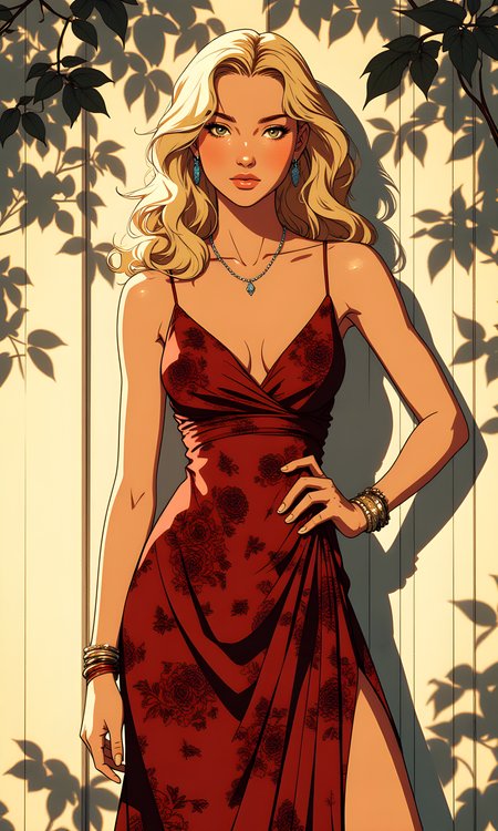 A woman with long, wavy blonde hair. She has a confident and poised demeanor, standing against a wall with shadows of leaves cast upon it.
Her facial expression is neutral and composed. Her gaze is directed straight at the camera, giving an air of confidence and intensity. The soft lighting highlights her features, adding to the overall elegance.
She is standing with one hand on her hip and the other arm relaxed by her side. Her posture is upright and graceful, conveying a sense of confidence and poise. The way she stands suggests she is comfortable and at ease in her surroundings.
She is wearing a deep red, floral-patterned dress with thin straps and a high slit on one side. The dress fits closely to her body, accentuating her figure. She also wears delicate jewelry, including a necklace and bracelets, which add a touch of glamour to her outfit.
The camera is positioned at eye level, capturing the woman from a frontal perspective. This angle allows for a clear view of her face and upper body, emphasizing her pose and attire. The framing focuses on her, with the background serving as a complementary element.
The lighting in the image is soft and diffused, likely from natural daylight filtering through nearby foliage. The light highlights her features and the details of her clothing, creating gentle shadows that add depth and dimension. The interplay of light and shadow enhances the texture of the dress and the smoothness of her skin.
The background features a plain wall with shadows of leaves cast upon it, suggesting the presence of trees or plants nearby. The shadows create a pattern that adds visual interest and a sense of depth to the scene. The blurred effect of the background helps keep the focus on the subject while still providing context.
The composition is balanced, with the woman centered in the frame. The shadows of the leaves on the wall serve as a strong visual element, leading the viewer's eye towards the subject. The overall composition captures a moment of quiet confidence in a serene setting, with the subject's pose and expression drawing the viewer in.
BREAK anime, d13s3lp2nk, bboil artist style, OBdonman, Anime art, <lora:FLUX\Anime Art V3:0.2>, <lora:FLUX\Synesthesia:0.2>, <lora:FLUX\RetroAnimeS1.1:0.5>, <lora:FLUX\Flux-jijia:0.1>, <lora:FLUX\It's a LoRA for portraits, BUT! actually specialized in backgrounds. v1.0:0.1>, <lora:FLUX\GLSHS:0.2>, <lora:FLUX\Dieselpunk Delight - s0_9 g4:0.4>, <lora:FLUX\OBdonman, anime0style portrait:0.1>