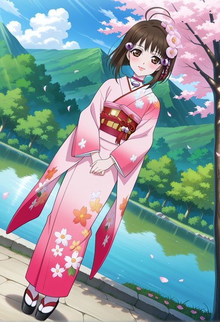 japanese village, pond, forest, flowers, clouds, day,  flower petals,
light smile, blush, standing,
full body, dynamic angle,
BREAK,
<lora:reala_illustriousXL_v01:0.95>
realarnd, realakimono, brown hair, hair ornament, brown eyes, ahoge, short hair, 
pendant choker, kimono, floral print, pink kimono, sash, hair flower, 
white tabi, pink geta,, source_anime, very aesthetic, anime coloring, masterpiece, 
best quality, amazing quality, ultra detailed, very aesthetic, 
detailed background, 
BREAK,