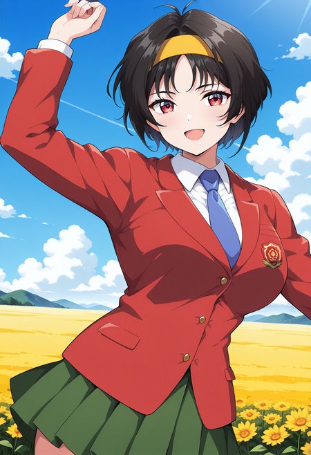 hayami_ryoko, red eyes, short hair, black hair, hairband, blue necktie, red blazer, school uniform, collared shirt, green skirt, <lora:fr_hayami_ryoko_illustrious_ver1:0.8> 
smile, open mouth,, masterpiece, best quality, general,, 1girl, solo, (field:1.2), (blue sky:1.2), looking at viewer,, (cowboy shot, dynamic pose:1.4),
