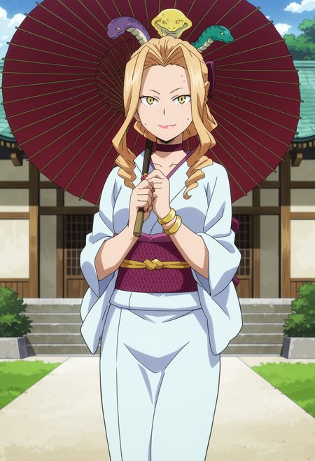 source anime,anime screencap,anime coloring,intricate details,fake screenshot,masterpiece, best quality, very aesthetic, dramatic lighting, illustration,
uncensored,
BREAK,
uwabami, uwabami \(horikoshi kouhei\) , 1girl, yellow eyes, blonde hair, jewelry, bracelet,lipstick,nail polish, long hair,makeup,hair ornament, drill hair, snake hair ornament,snake,choker, 
kimono, japanese clothes, 
sweat, 
perfect face, beautiful eyes, beautiful face,perfect anatomy,
BREAK,
standing, smile, looking at viewer, holding oil-paper umbrella, cowboy shot, 
BREAK,
Detailed Background, scenery, outdoors, east asian architecture, japanese temple,
 <lora:Uwabami_by_Nyx_for_Illu:0.9> <lora:modern_anime_screencap_v1_0:1>