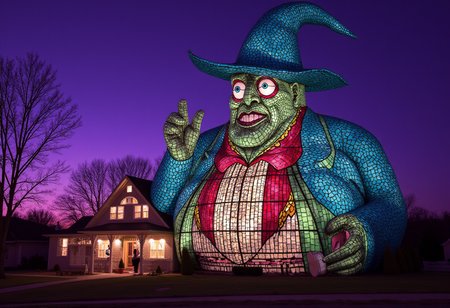 vaporwave style disturbing scene of a colossal  stained glass morbidly obese wizard shaped novelty architecture building operating as a farmhouse in a ghetto.  . retro aesthetic, cyberpunk, vibrant, neon colors, vintage 80s and 90s style, highly detailed