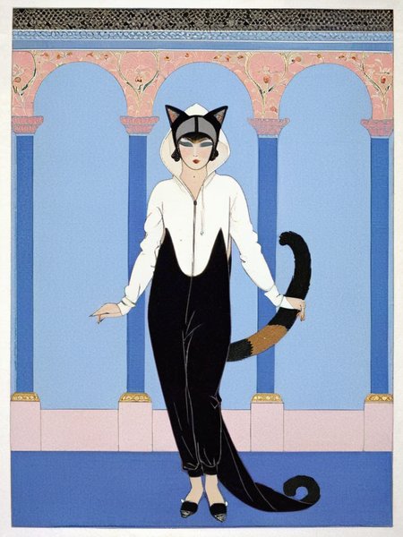 <lora:sdxl_George barbier v1.0:0.8>,best artwork of george barbier,  magazine,1920s fashion,illustration, flat illustration, 1girl, (black theme:1.4), (fusion of black hoodie and black jumpsuit:1.4), (put a hood on head:1.4), (black cat ears on hood:1.3), (black slippers:1.1),, masterpiece, best quality,absurdres,highres,ultra detailed,official art,
BREAK