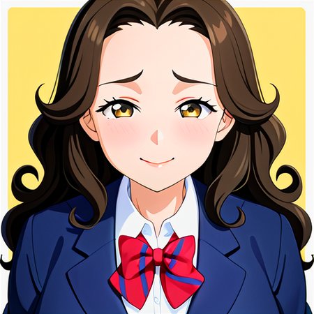 anime, best quality, (masterpiece:1.4), (high quality:1.4), sharp focus, 4k, absurd resolution, detailed hands, curly hair, long hair, (black hair), 1girl, mature female, smug, (parted hair:1.7), (round face), (no_bangs:1.3), (no_fringe:1.6), <lora:ETO_OC_XL:0.7>, looking at viewer, (thick eyebrows:0.9), sundress, (plump:0.8), round-chin, (greenish brown eyes), (brownish green eyes), big breasts, caucasian, down-turned eyes, blush, 1girl, forehead, <lora:printemps lovelive XL:0.8> winter uniform, blue blazer, summer uniform, yellow vest, casual,