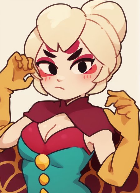 score_9, score_8_up, score_7_up,   <lora:bscharlie:1> 1  girl , bscharlie , blonde hair  , hair bun,  yellow gloves  ,elbow gloves,  green bodysuit, red bra , red cape, cleavage, , green pantyhose, bare arms,   looking at viewer, ,blush,   <lora:Yagi_the_Goat_Style:1>by s1120411