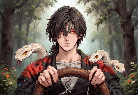 power crashes kobeni's car (meme), car interior, holding, steering wheel, look at viewer, crying with wide eyes open, nervous sweating, from front,A man with a snake on his shoulders smiles , human:1.2,  (sn4k3, snake, snake on shoulders, upper body, FntsyPstlCE style), front_view, scaleless snake:1.6, white coloured snake:1.2, red eyes on snake, wheel of fortune background:1.2, rng wheel:1.5