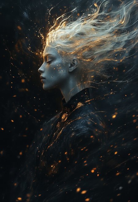 Aura Obscura, set against a backdrop of swirling shadows, an albino woman with pale, almost luminescent skin and a faint blue tint stands poised like a mythical figure. The steampunk aesthetic envelops her, with elaborate gold gears and cogs artistically integrated across her face and neck, lending an otherworldly quality. Her serious expression and large, round goggles conceal her eyes, suggesting depth and story beneath the surface. The scene is drenched in a moody atmosphere, with a pronounced light source from the left side creating a dramatic interplay of light and darkness, accentuating the gleam of metal and the softness of her skin, making the entire composition a striking blend of elegance and mystery.  <lora:xjie_Black gold:0.4>  <lora:Fantasy Flux:0.4> <lora:Don't Stop Me Now:0.4> d0ntst0pm3n0w