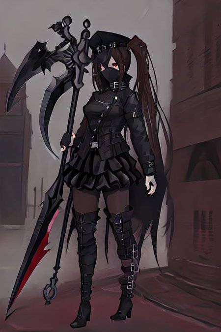 Succubus is a female with a long hair and red eyes, black police hat, wearing black bandanna that cover her face, black button jacket and short skirt, black thigh high boots, black gloves, black stockings, holding scythe,