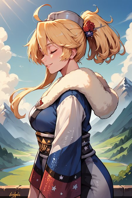 score_9, score_8_up, score_7_up, score_6_up, source_anime BREAK 1girl, solo <lora:iowa-pdxl-nvwls-v1-000005:1> nyIowa, blonde hair, short hair, ponytail, star-shaped pupils, headgear, hair flower, blue kimono, wide sleeves, fur trim, large breasts, from side, blue sky, mountains, closed eyes, smile