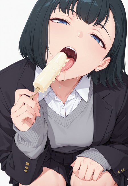 safe_pos, masterpiece, best quality, amazing quality, simple background, white background, 

1girl, kaneishi, black hair, short hair, blue eyes, stud earrings, black jacket, grey sweater, sleeves past wrists, white shirt, collared shirt, black skirt, pleated skirt, 

1girl, solo, from above, squatting, head back, head tilt, looking at viewer, half-closed eyes, open mouth, uvula, tongue out, saliva, hand up, sexually suggestive, eating, popsicle