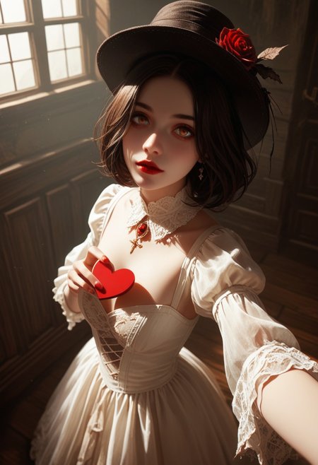 score_9, score_8_up, score_7_up, score_6_up, Expressiveh, 1girl, G0th1c M41d3n, young woman, white dress, red rose, medium breasts, holding heart_(organ), holding, outstretched arms, hat, horror, dark, fantasy, dramatic lighting, standing, from above, incoming gift
