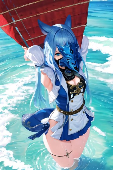 solo, 1girl, solo_focus, (((masterpiece))), ((best quality)), ((ultra-detailed)), ((too_many)):16, high resolution, absurdres, highres, ultra-detailed 8k unity wallpaper, 
1girl, blue eyes, closed mouth, cloud, ffxiv trailer cg, long hair, medium breasts, mouth mask, water