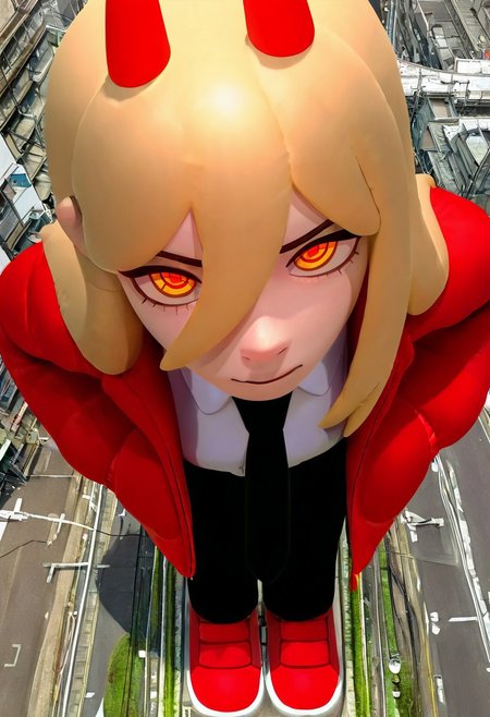 masterpiece, best quality, newest, absurdres, highres, 1girl, black necktie, necktie, solo, long hair, horns, red eyes, shirt, jacket, white shirt, pants, black pants, red footwear, collared shirt, shoes, blonde hair, power \(chainsaw man\), hands in pockets, facing viewer, looking at viewer, ringed eyes, leaning forward, close-up, red jacket, from above, upturned eyes, giantess, inflatable toy, 
<lora:tsunotsuno_ill:1>
