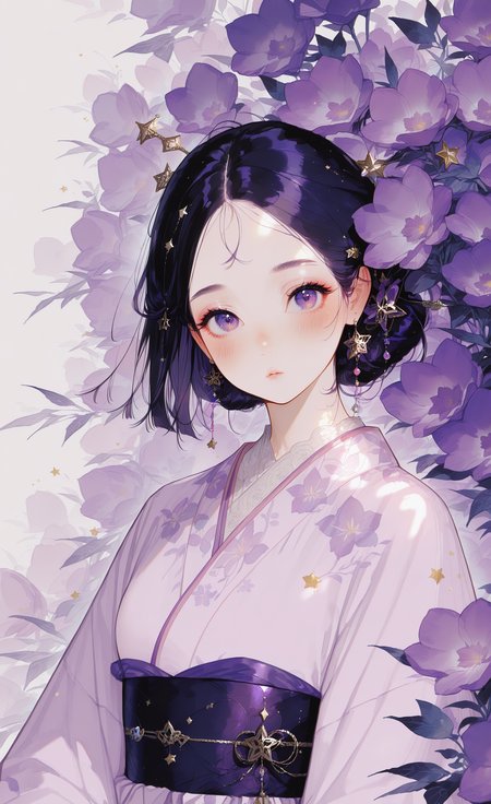 masterpiece, best quality, good quality, very aesthetic, absurdres, newest, from_side,upper_body, 1girl, solo,blush, black_hair, hair_ornament, jewelry, purple_eyes, purple_hair, flower, earrings, parted_lips, japanese_clothes, medium_hair, hair_flower, kimono, star_\(symbol\), looking_to_the_side, sash, floral_print, obi, star_hair_ornament, purple_flower, yukata, print_kimono, purple_kimono, looking_at_viewer, <lora:ponyv5_noobE11_1_adamW-000013:1> <lora:zzziGnXL_il_lokr_V531:0.7> <lora:wl-illV1-000017:1>