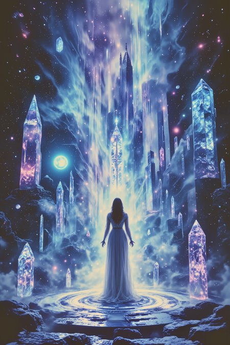 A sorceress stands before a wall of floating crystals, each one showing a different scene in perfect clarity. Her robes are made of transparent fabric that refracts light like liquid crystal. Her staff is topped with a perfect sphere of clear crystal that emits beams of white light. The crystals around her arrange themselves in geometric patterns, while small prisms orbit her form. The floor beneath her feet transforms from stone to crystal in expanding circles.dramatic lighting , detailed background  Fantastic lighting. Detailed shadows.intricate details, vivid colors, hyper-detailed, ultra-sharp, High resolution, high detail. Highly detailed. <lora:OBæç«å¾äººåæå½±Instant camera portrait photography V2.0:1.0>, <lora:Dark side of light:0.55>, <lora:aidmaFLUXPro1.1-FLUX-v0.3:1.0>, <lora:Glitchcore_Flux:0.8>,