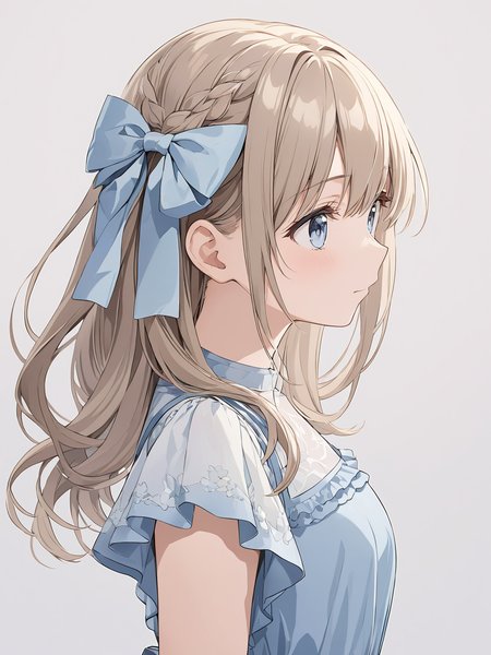 masterpiece,ultra-detailed,best quality,8K,illustration,cute face,clean skin ,shiny hair,girl,ultra-detailed-eyes,simple background, source anime<lora:add-detail-xl:1> <lora:hair ribbon_XL_V1.0:0.7> hair ribbon,cowboy shot,dress,from side