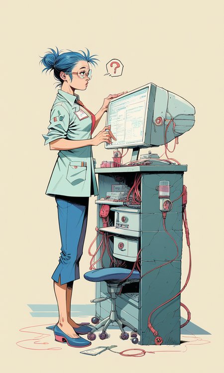 score_9, score_8_up, score_7_up BREAK, (scientist repairing a computer), ((balding)), wearing glasses, wearing a necktie, broken machines, detailed, colorful, ((perfect anatomy)), (question marks round head), full body,  <lora:Jamie_Hewlett_GorillazTank_Girl_Style_Pony:1>