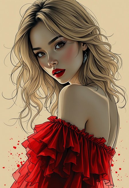 Silhouette Art, magnificent, photorealistic ink art, crisp lines, stunning oriental young woman, blonde loose hair, red lips, off-shoulder red dress, sultry, alluring, facing viewer, upper body shot, directional lighting