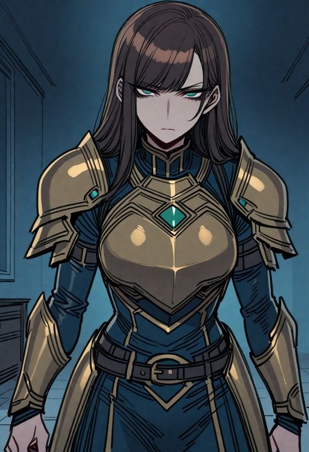 ratatatat74, 1girl, adult, tall girl, (short-length hair, dark dark brown hair), side swept hair, straight hair, mature, highly detailed, high quality, detailed face, jade green eyes
BREAK
yellow chrome armor, light armed, breast plate, sword belt
BREAK 
calm, serious expression
BREAK 
indoors, living room, lamp in background