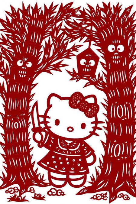 papercut art of 
Hello Kitty in the middle of the forest holding a knife, the atmosphere and the character looks scary, Hello Kitty is hidden by the shadows
 <lora:papercut1_cap_d6a3e12:1.0><lora:823265726786943858:0>