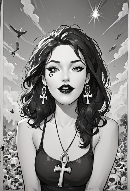 score_9, score_8_up,source_photo,hyper-realistic,perfect lighting,realistic lighting,high quality, Comet Gurl
Break
dsk_death, 1girl, earrings, jewelry, necklace, ankh necklace, monochrome, traditional media, sketch, black lips, cross earrings, long hair, lipstick, makeup, skull, looking at viewer, comic art style, death_of_the_endless\(sandman\), greyscale, monochrome, cinematic angle, cinematic lighting, BREAK zPDXL2 PonyXLV6_Scores