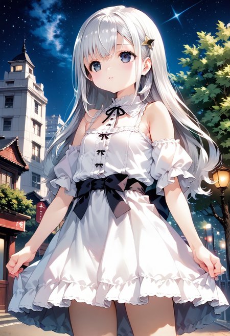 score_9, score_8_up, score_7_up, source_anime, solo, 1girl, MdoHP, The background is a city, perfect white-haired girl, dress, white-haired, white-haired god, cute anime waifu in beautiful clothes, gray-haired, best anime 4k konachan wallpaper, little curve, guvez on Pixiv ArtStation, white-haired girl, nightcore, standing on a tree, looking up at the stars, face super detailed