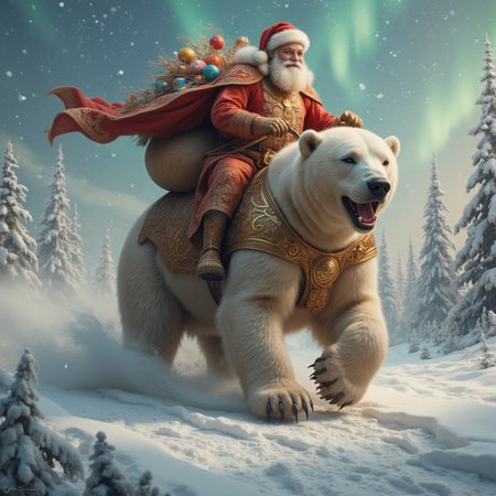Santa Claus rides a colossal polar bear through a magical snowy landscape. His traditional red suit is adorned with intricate golden embroidery, complemented by a flowing fur-lined cape. His white beard glistens with frost, and his cheerful face radiates warmth against the icy surroundings. The massive polar bear, clad in ornate golden armor engraved with festive motifs, plows through the snow with majesty. The landscape is a winter wonderland of sparkling snow, frost-covered trees, and soft swirling mist, under a pale sky lit by the ethereal glow of the northern lights. Santa carries a sack overflowing with colorful presents, ready to deliver joy to the world.