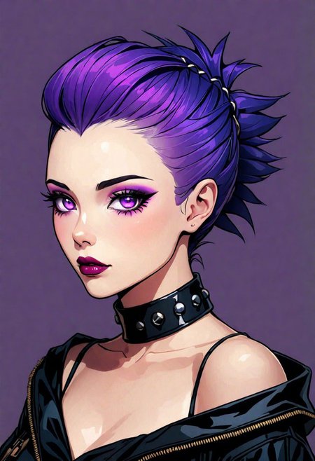 neo noir style portrait of a beautiful woman painted on wall with light, stunning beauty, soft light, pastel colors ,black and purple hair, dark punk, heavy makeup, line art, postmodernism, neo noir,   simple background, glowing lips, lips closed, light smile, masterpiece, natural style,  braided mohawk,, realistic and detailed eyes, beautiful eyes, amazing eyes,kawaii makeup dark makeup, nerd, red glowing lips, bangs,