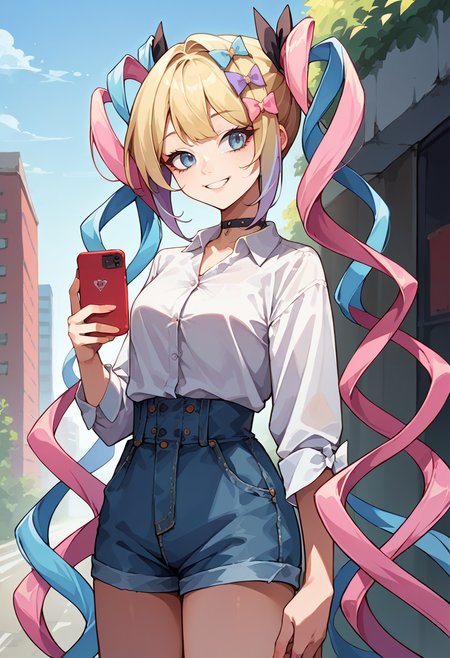 score_9, score_8_up, source_anime, 1girl, solo, KAngel, blue eyes, multicolored hair, blonde hair, blue hair, pink hair, very long hair, quad tails, multiple hair bows, white shirt, dress shirt, black choker, holding cellphone, denim shorts, high-waist shorts, outdoors, smile, <lora:ChamKAngelPonyXL:0.8>