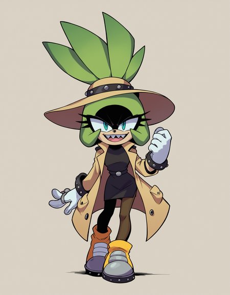 zPDXL, score_9, score_8_up, score_7_up, score_6_up, score_5_up, source_anime, 4k, absurdres, 1girl, solo,
trench-coat, wide-brim-hat, ankle-booties, opaque-pantyhose, pencil skirt, open mouth, smiling, sharp teeth, <lora:Surge_v1-3-15:0.8> surge the tenrec, aqua eyes, green fur, black fur, two-tone fur, hair up, black eyeshadow, white gloves, animal ears,