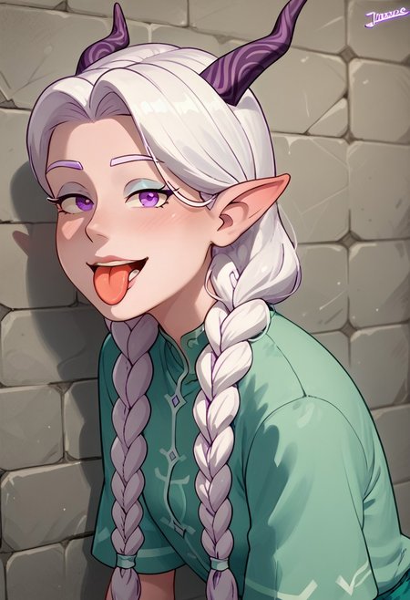 score_9, score_8, score_7, score_6,
Jhiacco, solo, ((Lujanne)), Elf, Moonelf, Horns, Long Twin Braids, White Hair, looking at viewer, leaning against marble wall, sticking tongue out, purple eyes,