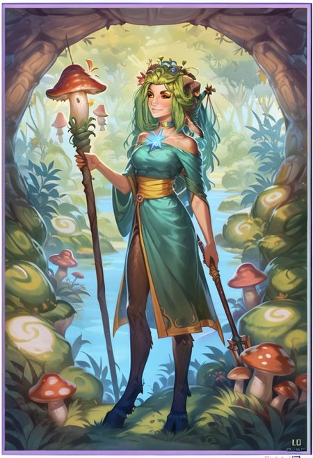 score_9, score_8_up, score_8, 1girl, smooth, concept art, realistic, highly detailed, green hair, perfect, high quality, yellow eyes, high definition, in public,cinematic lighting, goat legs, wielding a gnarled glowing staff, dark forest, wearing a cloak, mushroom forest, full body in frame, red mushrooms, twilight, nighttime, bioluminescence