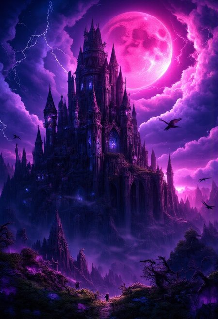 An epic, gothic horror castle with a dark pink and purple motif, looming ominously on a jagged cliffside, shrouded in swirling, violet mist under an enormous, glowing magenta moon. The castle towers high with spiked spires and elaborate, twisted architecture, carved from dark stone that absorbs the deep pink and purple hues of the moonlight. Gothic arched windows emit faint, haunting glows in shades of amethyst, while thorny iron gates and creeping vines twist around the weathered walls. The sky is filled with rolling, purple-tinted storm clouds, with flashes of violet lightning that illuminate the castle’s silhouette. A misty path leads through dead, gnarled trees covered in eerie, purple moss, with ravens with violet-tinted feathers perched menacingly. The atmosphere is surreal and otherworldly, casting an enchanting yet foreboding aura in vibrant shades of dark pink and purple, blending gothic horror with a mystical, dreamlike beauty