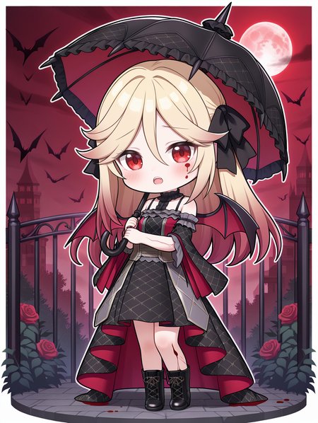 vampire, vampire fraulein, 1girl, solo, red moon, black cross-laced footwear, chibi, holding black umbrella, red sky, looking at viewer, blush, open mouth, standing, full body, fence, red rose, outdoors, black umbrella, black frilled sleeves, bat wings, black frilled dress, black frilled choker, white border, black hair bow, blood from eye
masterpiece,best quality,amazing quality,very aesthetic,absurdres,newest,<lora:Vampire Fascinator, Fraulein & Sucker illusXL v1:0.75>,
