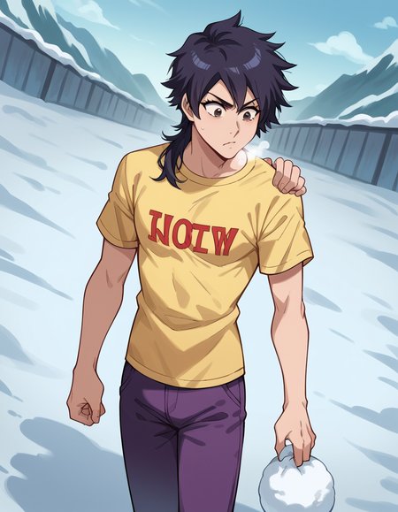 score_9, score_8_up, score_7_up, source_anime, <lora:tatsuki-arisawa-anime-ponyxl-lora-nochekaiser:1>, tatsuki, short hair, black hair, long hair, brown eyes,, t-shirt, shirt, yellow shirt, short sleeves, pants, purple pants,, snow day, winter clothes, snowball fight, laughter, cold breath, white landscape, , , foot on ground, hand on shoulder, elbow out, solo,, cowboy shot, dutch angle