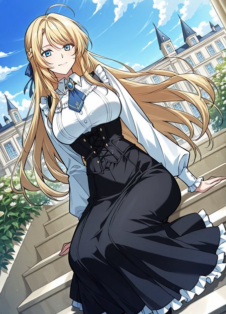 <lora:Kiri_Frodmain Illustrious:1>
1 girl, solo, blue eyes, blonde hair, long hair, loose hair, french braid, bangs, large breasts
black skirt, white shirt, ahoge, blue ribbon, long sleeves, hair ribbon, brooch, jewelry, corset, high-waist skirt, blue necktie, collared shirt, frills
score_9, score_8_up, score_7_up, very aesthetic, source_anime, detailed, high quality, beautiful, masterpiece, detailed eyes, mansion, plants, flowers, clouds, light smile, dynamic angle, full body, sitting on stairs