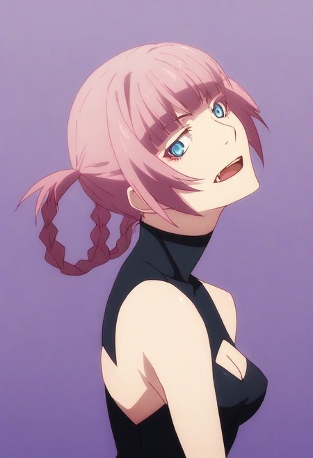 score_9_up, score_8_up, score_7_up, best quality, masterpiece, source_anime, BREAK, (portrait, face focus, close up:1.1),
(Monogatari_Style:1.5), 1girl, 20 years old, NanakusaCropTop, pink hair, short hair, blunt bangs, braid, hair rings, black crop top, turtleneck, cleavage cutout, sleeveless, small breasts, perky breasts, blue eyes, ringed eyes, fang, open mouth, from behind, shaft look, looking back, from behind, head tilt, BREAK,
 purple background, simple background