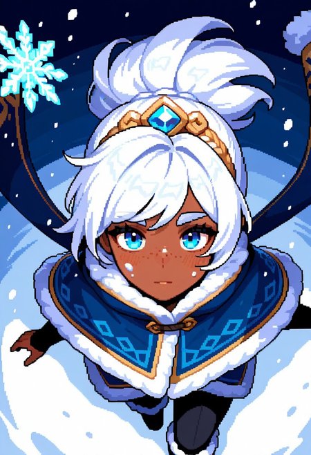 score_9, score_8_up, score_7_up, score_6_up,high quality,masterpiece,uhd,dramatic effect,cinematic effect, ,pixel art, pixel

FR_T4liy4h, white hair, blue robe, dark skinned, blue ornament, fur, black pants, fur boots, blue gem, blue eyes, freckles, tattoo,

snow, snowflake, closeup, from above, looking at viewer, snow on face,