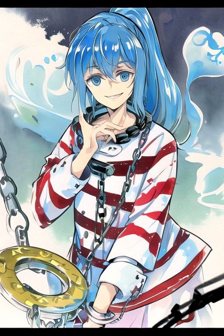 solo, 1girl, solo_focus, ((too many)):16, 
watercolor (medium), traditional media, 
miyadeguchi_mizuchi, solo, 1girl, smile, shirt, long_sleeves, skirt, hair_ornament, teeth, ponytail, chain, cuffs, blue_hair, shackles, long_hair, chains, striped_shirt, striped, skull_hair_ornament, blue_eyes, hair_tubes, bags_under_eyes, ghost, glowing_eyes, wide-eyed, spirit,