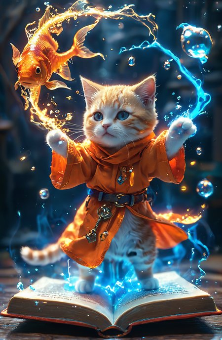 amazing quality, masterpiece, best quality, hyper detailed, ultra detailed, UHD, perfect anatomy, magic world,
(kitten and fish:1.4), fish in the air, spell magic to get fresh fish as food,( fish jumping from magic book:1.3), energy flow,
a full body of a cute kitten, kawaii, wearing witches robe, witches hat, holding magic book, magic book on one hand, spell magic,
<lora:Fantasy_Wizard__Witches_SDXL:0.75>, hkmagic,
<lora:add-detail-xl:1.0>,
<lora:EnvyBetterHiresFixXL01:1.0>,
<lora:extremely_detailed:1.2>, extremely detailed,
<lora:glowneon_xl_v1:0.75> glowneon, glowing,