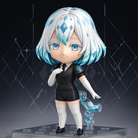score_9, score_8_up, score_7_up, faux figurine, nendoroid, full body, figure, platform, solo, <lora:Nendoroid_pdxl_Incrs_v1:1>, <lora:Hoseki_HousekiNoKuni_Diamond_PDXL_v1:0.8> hskdmnd, white skin, crystal hair, colored eyelashes, multicolored hair, short hair, black shirt, puffy short sleeves, collared shirt, black necktie, elbow gloves, white gloves, black shorts, white thighhighs, black footwear, hand on own chest, black background, looking at viewer, smile, standing, argyle background, diamond, chibi,