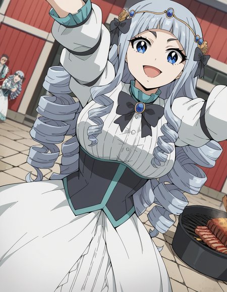 score_9, score_8_up, score_7_up, source_anime, <lora:fairy-tail-touka-100yq-ponyxl-lora-nochekaiser:1>, touka, long hair, bangs, blue eyes, grey hair, blunt bangs, tattoo, drill hair, large breasts, hair bow, circlet,, long sleeves, dress, bow, puffy sleeves, bowtie, white dress, black bow, juliet sleeves, black bowtie, backyard, barbecue, grilling, laughter, summer evening, , looking at viewer, on back, arm support, arms up, incoming hug, pov, reaching, reaching towards viewer,, solo,, dutch angle,