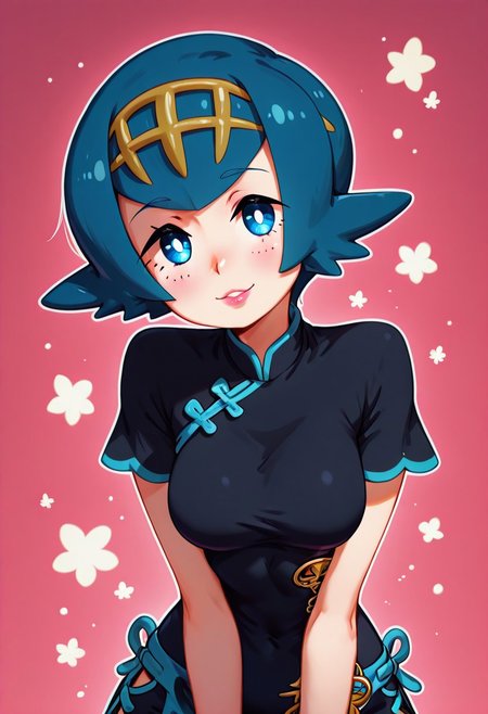masterpiece, best quality, 1girl, solo, eyelashes, (beautiful eyes), curvy,   (upper body:1), (leaning forward, head tilt, delicate lips, slightly pink lips), looking at viewer,   large breasts, pink lipstick, zzLana, blue eyes, short hair, bright pupils, bow, short sleeves, black dress, chinese clothes,  smile, looking at viewer, pretty background,     anime screenshot,