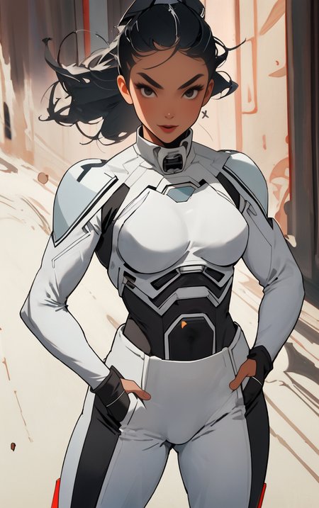 ((masterpiece, best quality)),  solo, looking at viewer, amazon_woman whit black hair wearing spacesuit, long hair, "Joyful laughter", "Slicked-back hairstyle" hair, "Casual hands-in-pockets stance" pose , skin tight,  depth of field, light particles,
 <lora:GoodHands-beta2:1>,
<lora:BrazilianWomanAmazon_V1.0:1>,
<lora:muscle_slider_v1:2>,
<lora:weight_slider_v2:-1>,
<lora:hair_length_slider_v1:1>,
 <lora:spacesuitV1.0:0.7>,
 <lora:wuxia2:1>