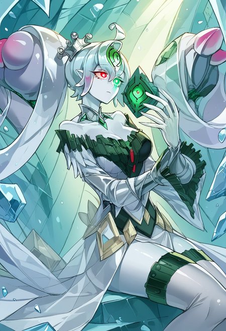 score_9, score_8_up, score_7_up, source_anime, verybadimagenegative_v1.3, easynegative, perfect lighting, ExpressiveH. rating_safe
BREAK 
(ygoaegirine), colored skin, slime girl, short hair, transparent, crown, hair ornaments, heterochromia, green eye, red eye, glowing eyes
BREAK 
(detailed face:1.3), beautiful face, teardrop breasts, (medium breasts:1.2), curvy, heart-shaped ass, perfect body, perfect hands, tall, 
BREAK 
1girl, solo, emotionless, (dress, thighhighs), sitting in a throne,