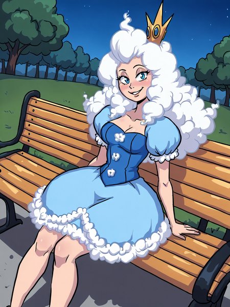 (masterpiece,best quality,newest,absurdres,highres),  Cl0udi4, 1girl, solo, long hair, white hair, blue eyes, crown, blue dress, smile, looking at viewer, in the park, sitting on a bench, <lora:Queen_Cloudia_IllustriousXL-000008:0.8>