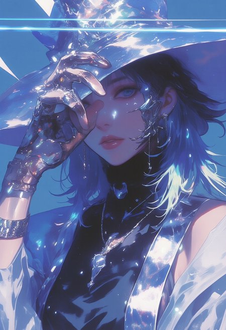 In a hyper-realistic **ne0nfant4sy** vision, the **chrome-clad figure** leans forward, one foot stepping ahead in a stance of quiet readiness. Their right hand grips the brim of the **chrome silver non la**, revealing just a sliver of their face—sharp, angular features accented by **chrome-plated cheekbones and jawline**, giving them a sleek **mechanical-human hybrid** appearance. The **metallic tassels** flow forward, as if caught in motion, partially obscuring the rest of the face beneath the hat, heightening the character's sense of anonymity. The sleeveless **chrome robe**, glossy and reflective, ripples gently in the air, catching vibrant streaks of **neon blue light** from the glowing backdrop. The intricate, **glowing silver tattoo** on the exposed left arm contrasts against the polished chrome surface, its fine details pulsing with an ethereal glow. The figure radiates readiness, their stance poised for imminent action, embodying a fusion of **futuristic technology** and **traditional elegance**, standing out against the surreal neon landscape.
 ((glow_skin,iridescent skin,oily skin,portrait, Detailed hand, Hand, Perfect hand, in the style of Jed-clrfl, surreal photo, iridescent, aesthetic))