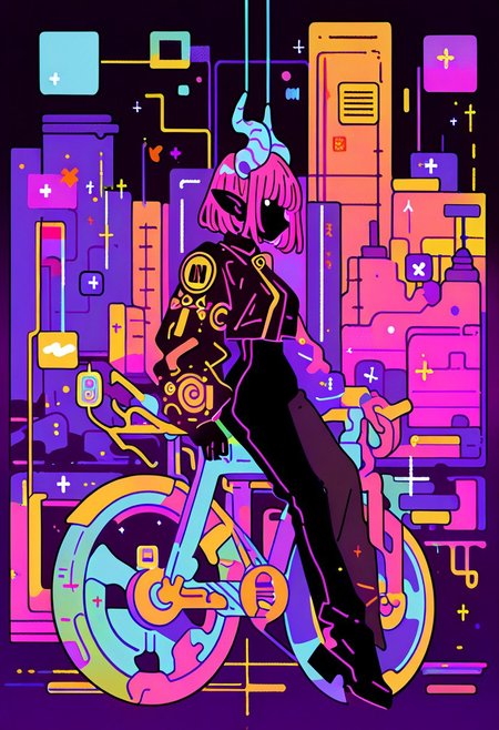 buchi \(qooo003\), nara lalana,ireading, 1girl, solo,, tiefling, sexy, motion lines,
wide hips,, thin proper body proportions,, intricate details, leaning on motocycle,
 (from side:0.4),(trippy:0.8),(motion lines:0.7),neuromorphic grid,,( depth:1.2), depth of field, layers,
BREAK
cityscape,,  (Geometric abstraction:0.8) , cryptic,absolutely eye-catching,,extremely detailed,, good composition, masterpiece, best quality, very aesthetic, very awa, absurdres, newest,​​​0__11Xx_illu,, abstract,limited palette, high contrast, guangying,usnr,15546+456868, Flatline, Flat vector illustration