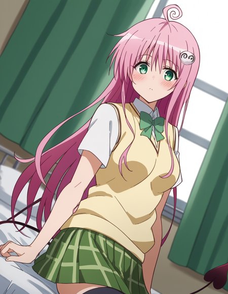 score_9, score_8_up, score_7_up, source_anime,
laladeviluke, <lora:lala-deviluke-darkness-ponyxl-lora-nochekaiser:1>,
lala deviluke, long hair, pink hair, tail, ahoge, bangs, hair ornament, green eyes,
demon tail, green skirt, plaid, plaid skirt, sainan high school uniform, school uniform, skirt, sweater vest, thighhighs, yellow sweater, short sleeves, bow, green bow,
indoors, bed, bed room, on side, blush, drunk,
looking at viewer, cowboy shot, dutch angle, solo,