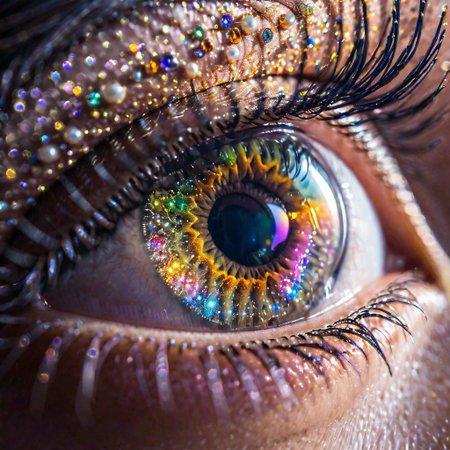 extreme close-up of a woman's eye with a colorful galaxy in the reflection, tiny precious stones and pearls all around the eye highly detailed, perfectly white back of the eye, bokeh, taken at an angle, f/1.2, canon photography